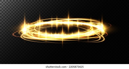 Magic portals on the night scene. Golden round holograms with rays of light and sparkles. Glowing futuristic teleport tunnel with copy space on black background