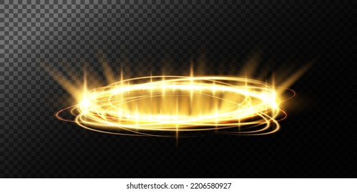 Magic portals on the night scene. Golden round holograms with rays of light and sparkles. Glowing futuristic teleport tunnel with copy space on black background