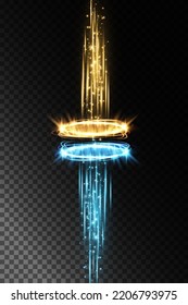 Magic portals on the night scene. Blue and gold round holograms with rays of light and sparkles. Glowing futuristic teleport tunnel with copy space on black background
