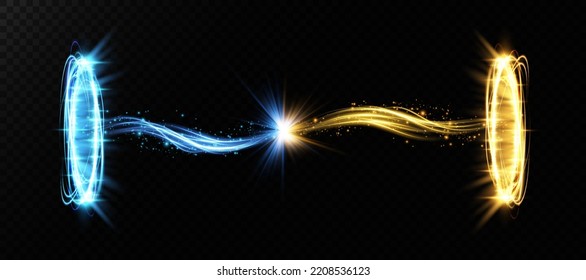 Magic portals on the night scene. Blue and gold round holograms with rays of light and sparkles. Glowing futuristic teleport tunnel with copy space on black background