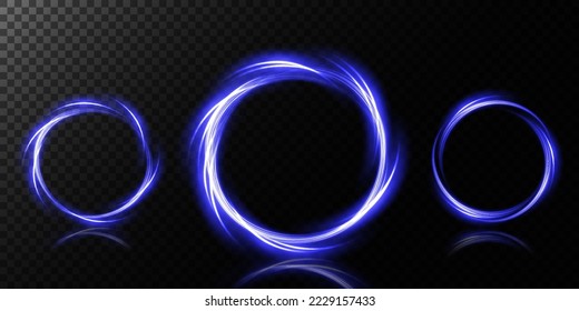 Magic portals on the night scene. Blue round holograms with rays of light and sparkles. Glowing futuristic teleport tunnel with copy space on black background