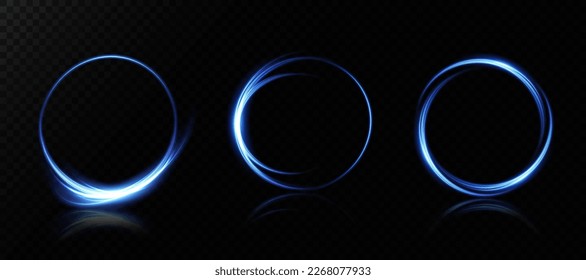 Magic portals on the night scene. Blue round holograms with rays of light and sparkles. Glowing futuristic teleport tunnel with copy space on black background