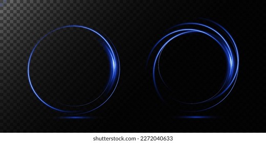 Magic portals on the night scene. Blue round holograms with rays of light and sparkles. Glowing futuristic teleport tunnel with copy space on black background