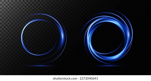 Magic portals on the night scene. Blue round holograms with rays of light and sparkles. Glowing futuristic teleport tunnel with copy space on black background