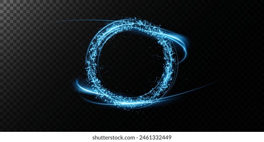 Magic portals on the night scene. Blue round holograms with rays of light and sparkles. Glowing futuristic teleport tunnel with copy space on black background.	