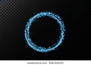 Magic portals on the night scene. Blue round holograms with rays of light and sparkles. Glowing futuristic teleport tunnel with copy space on black background.	