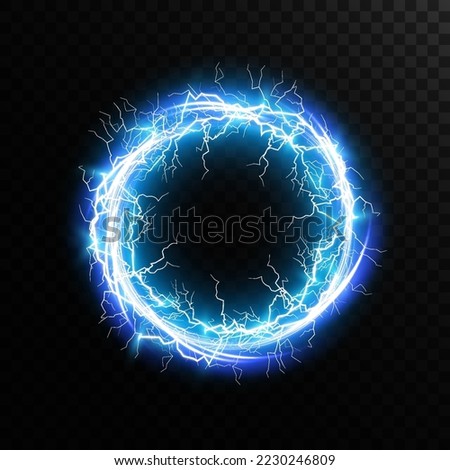 Magic portals on the night scene. Blue round holograms with rays of light and sparkles. Glowing futuristic teleport tunnel with copy space on black background