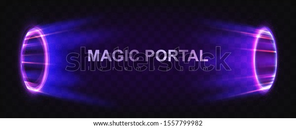 Magic portals on night scene. Purple\
round holograms with light rays and sparkls. Glowing futurictic\
teleport tunnel with copy space on black\
background