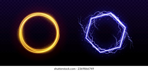 Magic portals set with lightning strike and shimmering effects. Vector realistic illustration of round and hexagonal orange and blue avatar frames decorated with sparkling particles, electric bolts