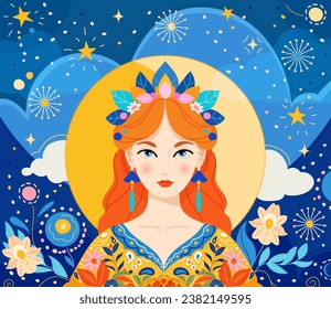 Magic portrait princess girl with leaves, flower on starry night background. Fall Fairytale Vector hand drawn illustration in Boho style. Mysterious story