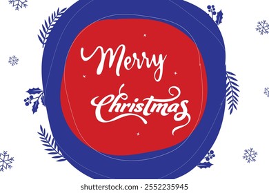 Magic postcard design. Christmas banner. Christmas card with hand-drawing lettering "Merry Christmas". New Year Celebration background. Merry Christmas red illustration with snow crystals.