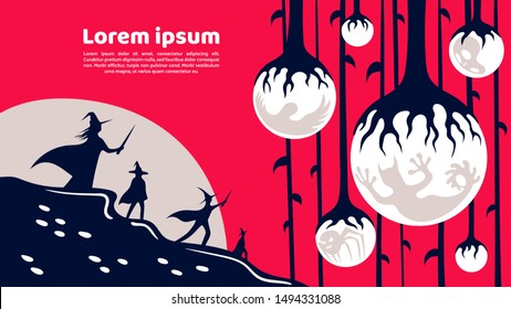 Magic poster about wizards in a mystic place with monster silhouettes. Vector illustration.