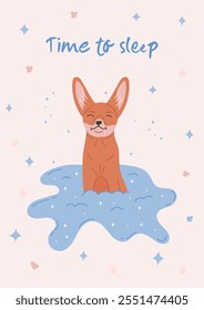 Children’s magic poster. Animal in a cloud concept. Happy lovely fox on a cloud. Vector illustration in flat style.