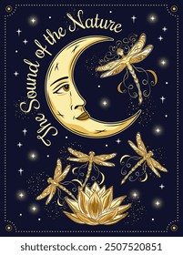 Magic poster, card with moon with face, flying faerie dragonfly, magic Lotus, scattered shimmering stars, text. Mystical illustration in vintage art nouveau style.