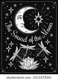 Magic poster, card with moon with face, flying dragonfly, magic Lotus, scattered stars, text. Mystical illustration in vintage art nouveau style.