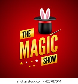 Magic poster design template. Magicical logo concept with hat, rabbit and wand. Children illusion attraction flyer design