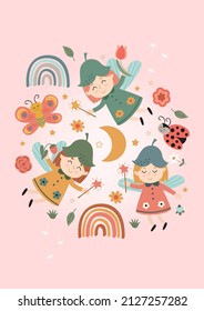 magic poster with fairies, insect, rainbows and moon