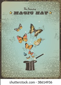 magic poster with hat, wand and butterflies