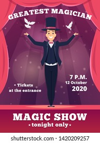 Magic poster invitation. Circus magician show placards vector template red curtains shows of wizard tricks vector background. Illustration of announcement magician shoew illusion