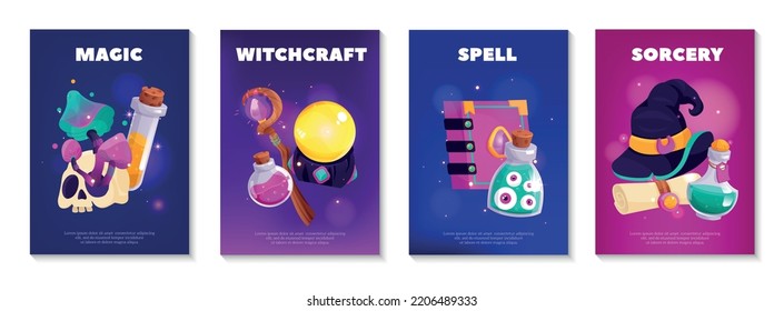 Magic poster set with four vertical compositions of cartoon style witchcraft spell images and editable text vector illustration