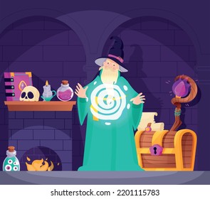 Magic Poster With Wizard Casting A Magician Spell Cartoon Vector Illustration