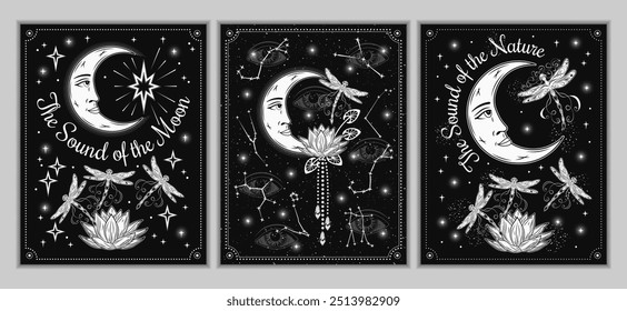 Magic posters, cards with moon, zodiacal constellations, flying dragonfly, magic Lotus. All seeing eye on dark blue background. Astrology, alchemy, boho, mystery concept.