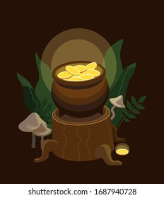
a magic pot of coins stands on a stump in a night forest. Vector flat graphics.