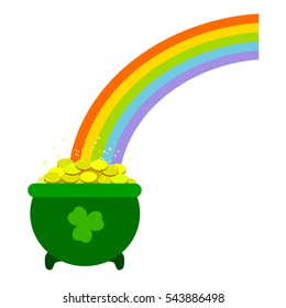 Magic pot of gold at rainbow background. St.Patrick 's Day.