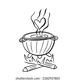 Magic pot with love potion. Doodle witchcraft vector illustration