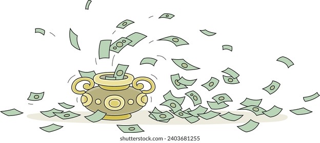 Magic pot throwing out huge quantities of banknotes after a spell of its owner, vector cartoon illustration isolated on a white background