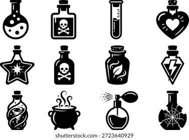 Conjunto de iconos de silueta de frasco de poción mágica y alquimia - Brujería, botella de veneno y Ilustración vectorial de elixir
