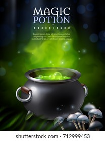 Magic potion background with black potty and green steaming hebenon boiling away with toadstool mushroom images vector illustration