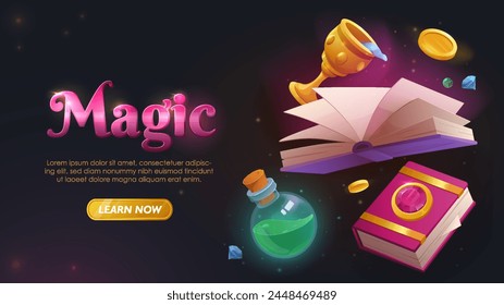 Magic potion banner. Flask with potion and poison, book with spells. Fantasy and imagination, fairy tale. Halloween symbols. Landing webpage design. Cartoon flat vector illustration