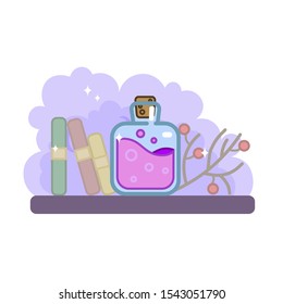 Magic potion in a beautiful bottle, books and berries