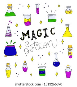 Magic potion. Big set of potions for Halloween, hand-drawn. Vector collection of test tubes, love potions, boilers. Isolated on a white background linear illustration. Doodle
