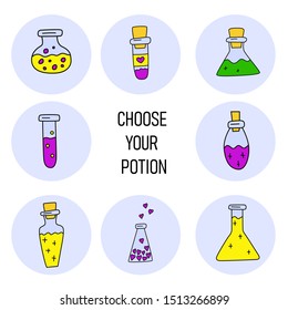 Magic potion. Big set of potions for Halloween, hand-drawn. Vector collection of test tubes, love potions, boilers. Isolated on a white background linear illustration. Doodle flat icons
