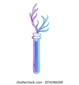 Magic potion: black bottle with deer antler. Vector illustration gradient isolated on white. Spirituality, occultism, chemistry, magic tattoo concept.