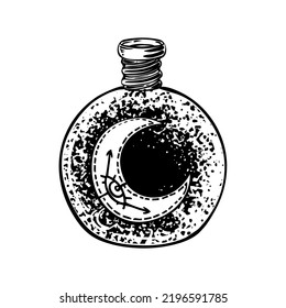 Magic potion: black bottle jar set with crescent moon and glowing stars inside. Greeting  Card. Vector illustration isolated on white. Alchemy concept. 
