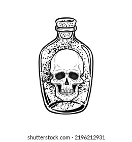 Magic potion: black bottle with moon and stars inside. Vector illustration isolated on white. Spirituality, occultism, chemistry, magic tattoo concept.