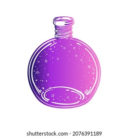 Magic potion: black bottle. Vector gradient violet illustration isolated on white. Spirituality, occultism, chemistry, magic tattoo concept.
