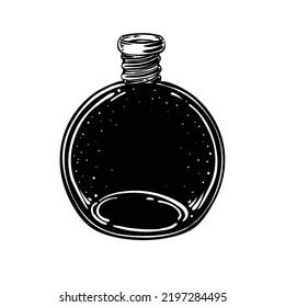 Magic potion: black bottle. Vector illustration isolated on white. Spirituality, occultism, chemistry, magic tattoo concept.