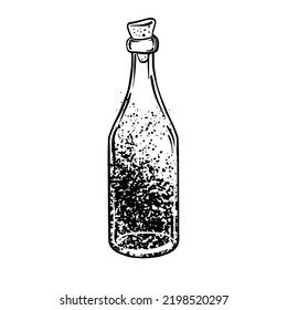 Magic potion: black bottle. Vector illustration isolated on white. Spirituality, occultism, chemistry, magic tattoo concept.