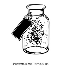 Magic potion: black bottle. Vector illustration isolated on white. Spirituality, occultism, chemistry, magic tattoo concept.