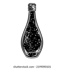 Magic potion: black bottle. Vector illustration isolated on white. Spirituality, occultism, chemistry, magic tattoo concept.