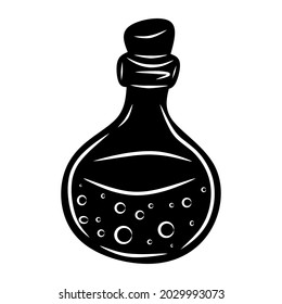 Magic potion black, cartoon isolated on white background, vector illustration for design and decor, Halloween, sticker, template