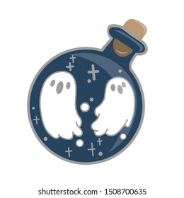 Magic potion: blue bottle jar set with ghost. Vector illustration isolated on white. Cute hand drawn round glass of potion. Happy Halloween.