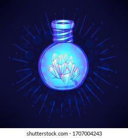 Poción mágica: frasco azul con cristales y estrellas brillantes dentro. Tarjeta de felicitación. Ilustración vectorial aislada en blanco. 
