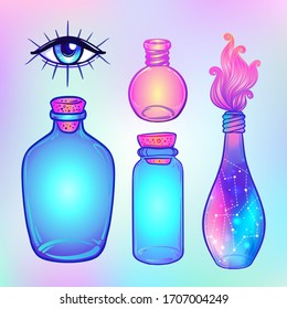Magic potion: blue bottle jar set with pink moon, crystals, heart, all seeing eye and glowing stars inside. Greeting  Card. Vector illustration isolated on white. Alchemy concept. 