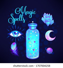 Poción mágica: frasco azul embotellado con luna rosa, cristales, corazón, todos viendo ojos y brillantes estrellas dentro. Tarjeta de felicitación. Ilustración vectorial aislada en blanco. Concepto de alquimia. 