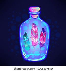 Magic potion: blue bottle jar set with pink moon, crystals, heart, all seeing eye and glowing stars inside. Greeting  Card. Vector illustration isolated on white. Alchemy concept. 